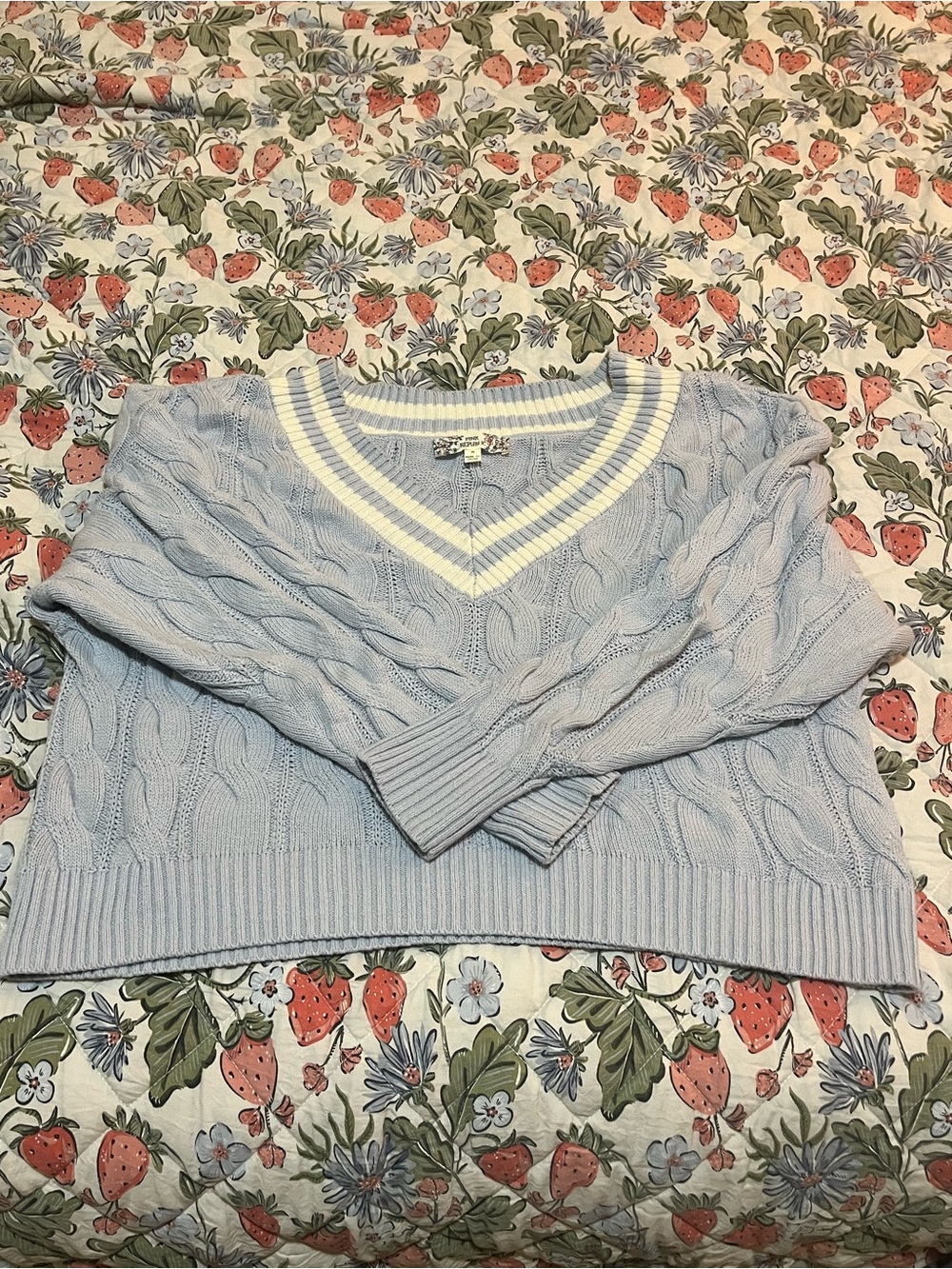 Light Blue Cable Knit V-Neck Sweater with White Trim Cropped